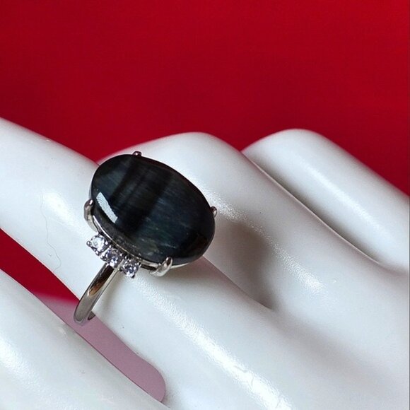 Natural Blue Tiger Eye & CZ 925 Sterling Silver Ring - Picture 2 of 10